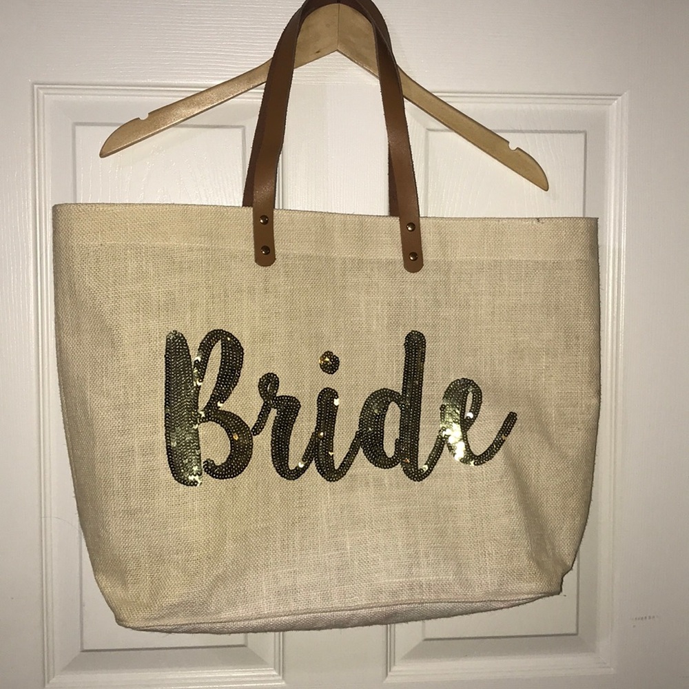 “Bride” Jute Tote Bag (Burlap/Gold Sequin)